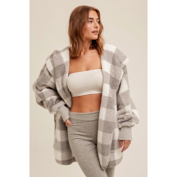 Gray & White Check Checkered Print Soft Sherpa Hoodie Cardigan - Picture 4 of 5
